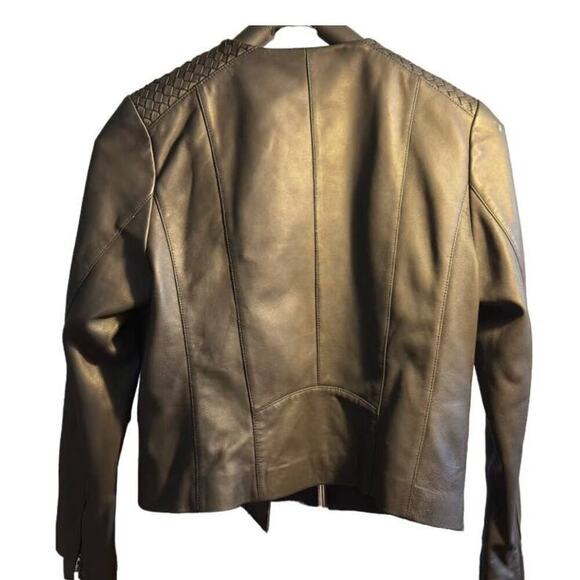 Cole Haan asymmetrical collarless black leather Jacket 100% Lamb Skin Size L - Picture 3 of 9